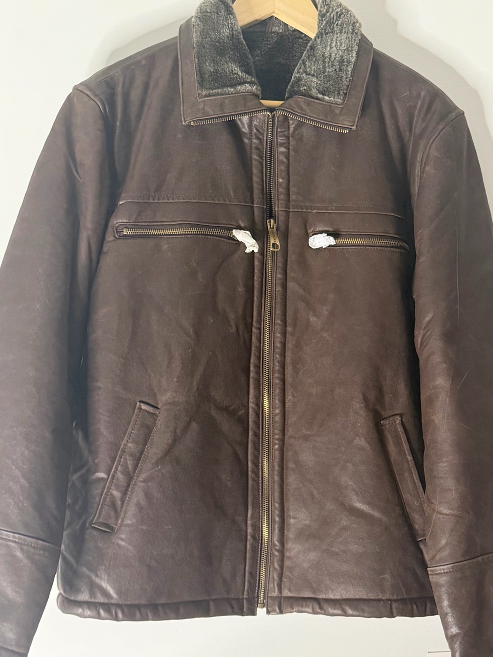 Men's Dark Brown Leather Bomber Jacket with Faux Fur Collar